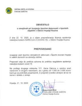 Omejitve pri izvajanju športne dejavnosti v občini Hrpelje-Kozina – odredba županje 21. 10. 2020